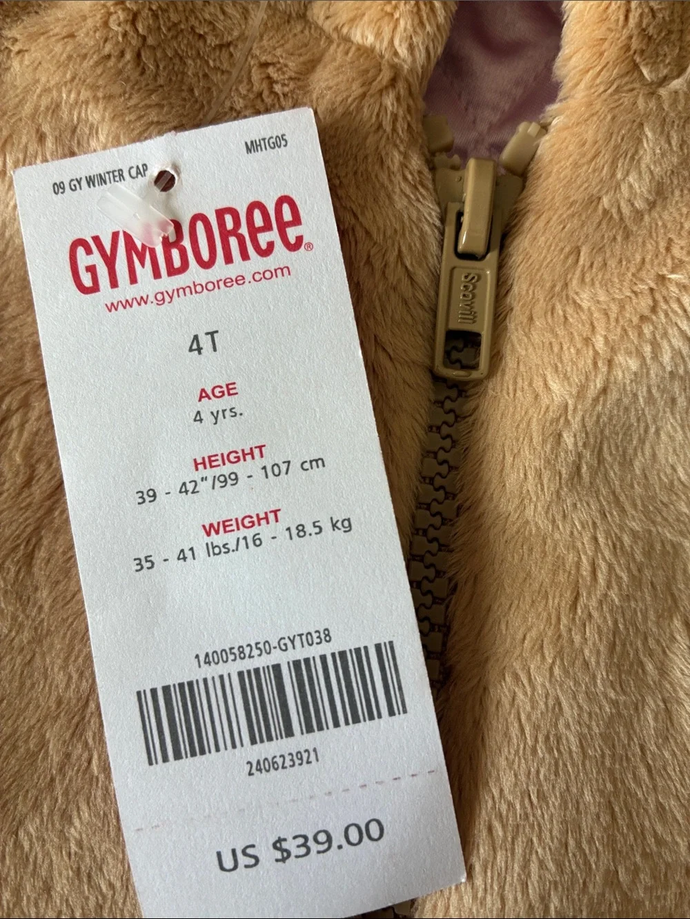 Gymboree Beige Fuzzy Hooded Puffer Jacket with Animal Face